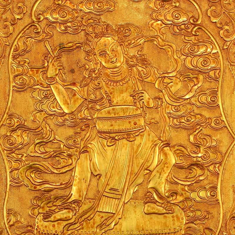 Superb Chinese Gilt Gold Copper Boddhisattva & Sutras Tangka