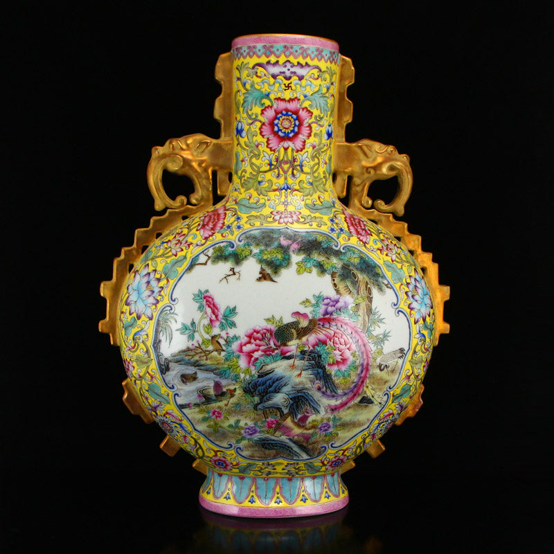 Chinese Gilt Gold Yellow Ground Famille Rose Porcelain Phoenix Vase