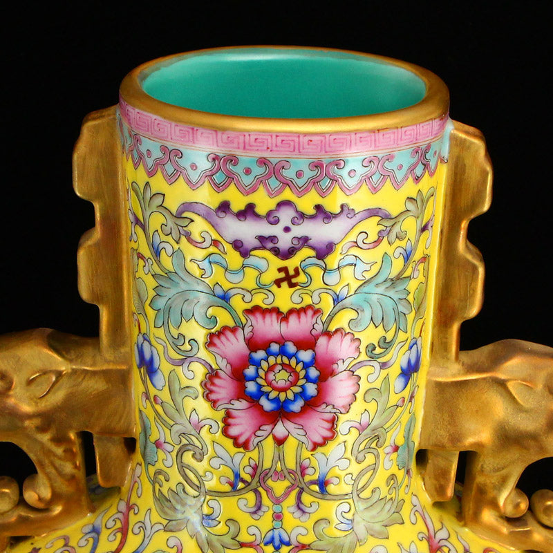 Chinese Gilt Gold Yellow Ground Famille Rose Porcelain Phoenix Vase