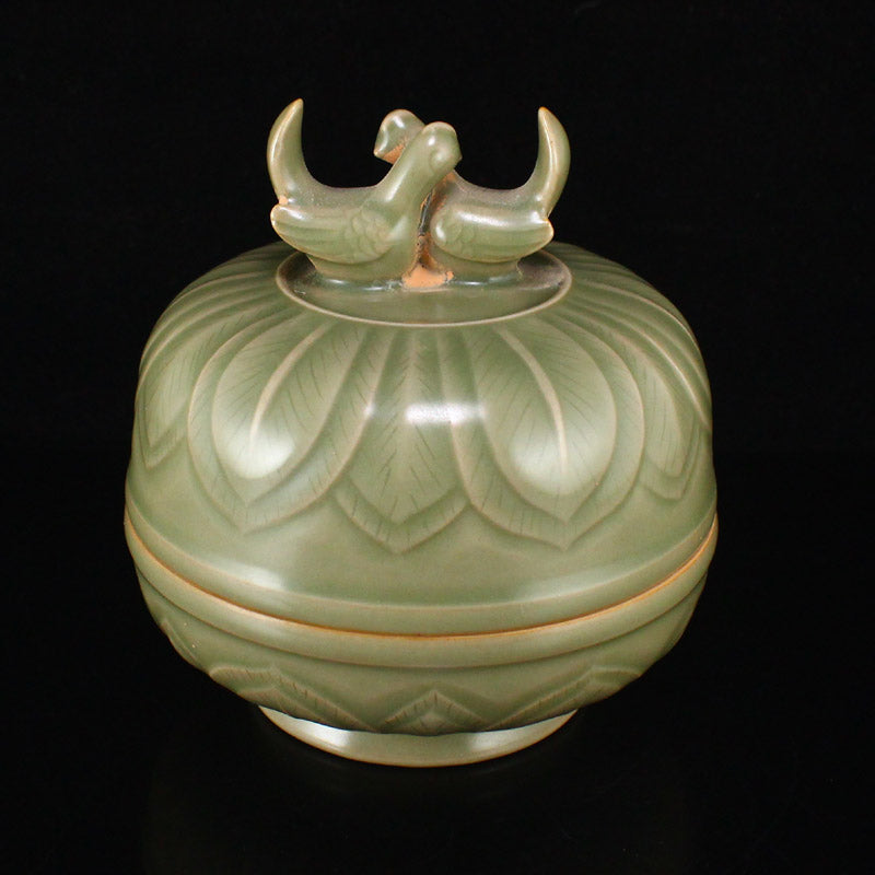 Chinese Yue Kiln Double Bird Porcelain Rouge Box w Lid