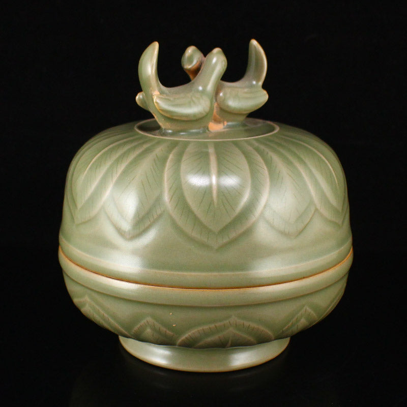 Chinese Yue Kiln Double Bird Porcelain Rouge Box w Lid