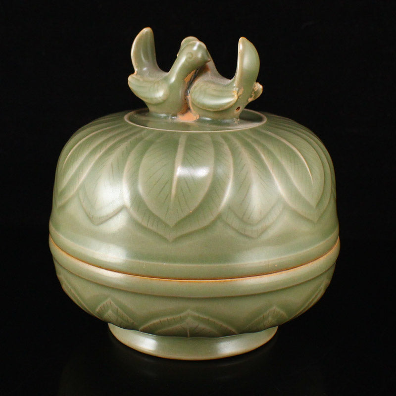 Chinese Yue Kiln Double Bird Porcelain Rouge Box w Lid