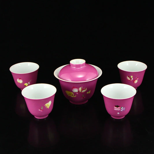 A Set Beautiful Chinese Rouge Red Glaze Porcelain Covered Bowl & Cups