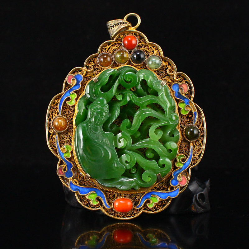 Chinese Gold Wires Enamel Inlay Green Hetian Jade & Gem Kwan-Yin Pendant