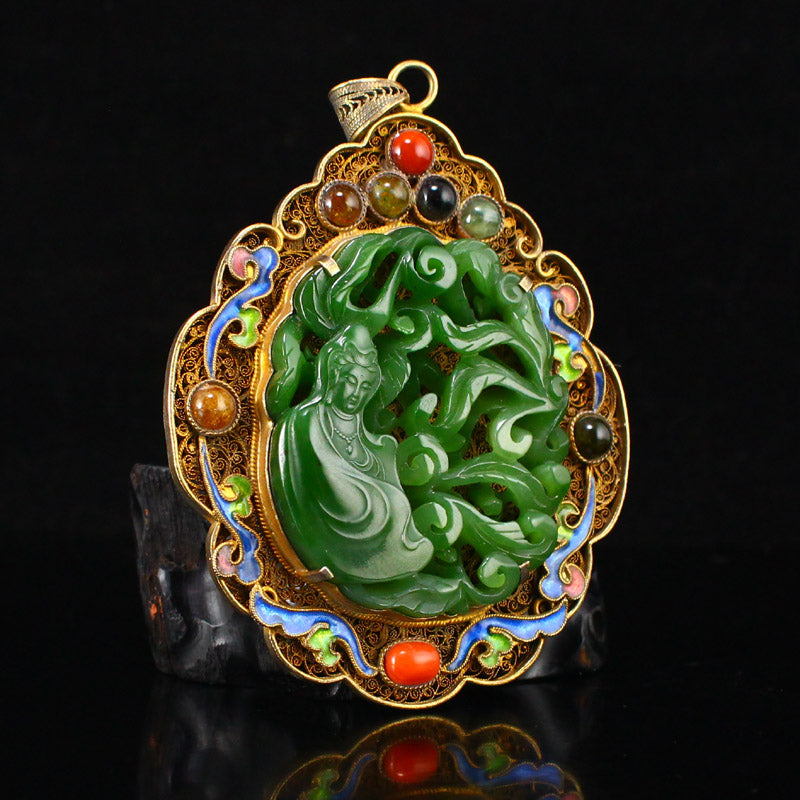 Chinese Gold Wires Enamel Inlay Green Hetian Jade & Gem Kwan-Yin Pendant