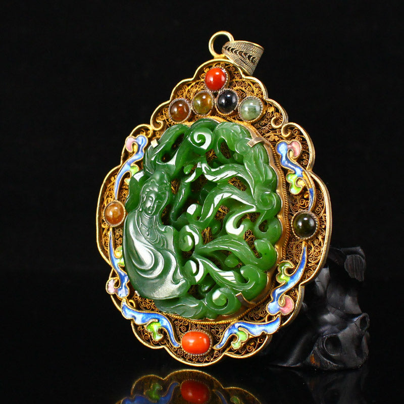 Chinese Gold Wires Enamel Inlay Green Hetian Jade & Gem Kwan-Yin Pendant