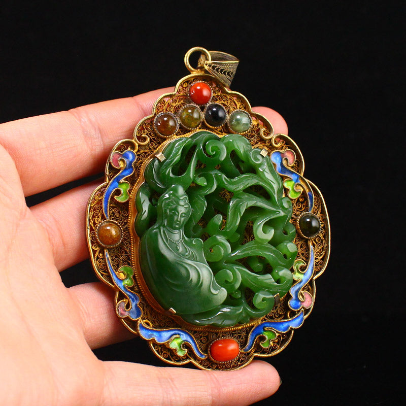 Chinese Gold Wires Enamel Inlay Green Hetian Jade & Gem Kwan-Yin Pendant