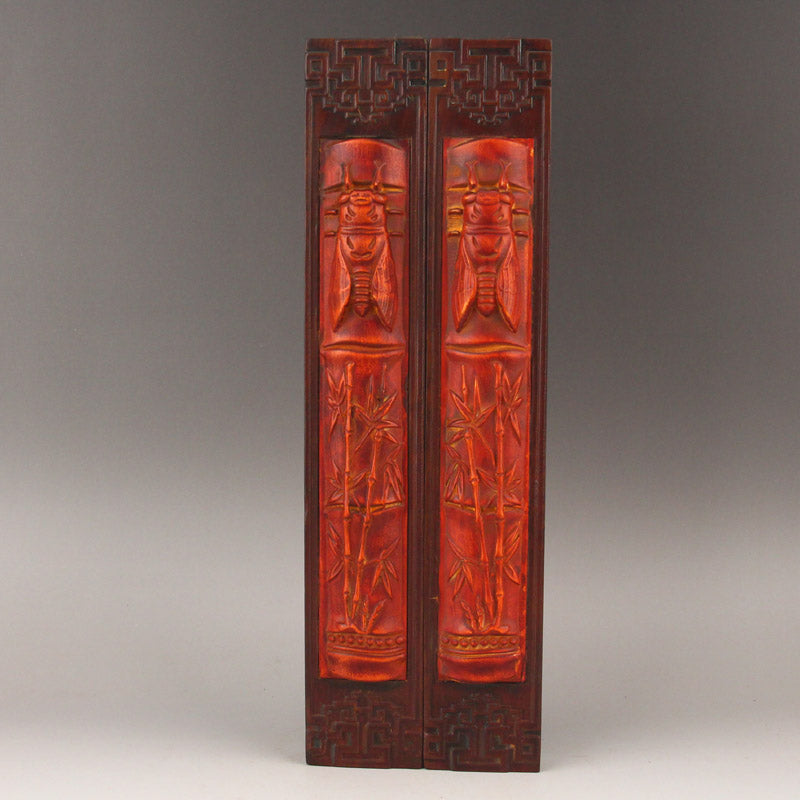 A Pair Old Chinese Wood Low Relief Bamboo & Cicada Design Paperweight