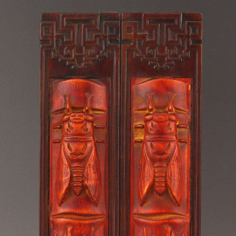 A Pair Old Chinese Wood Low Relief Bamboo & Cicada Design Paperweight