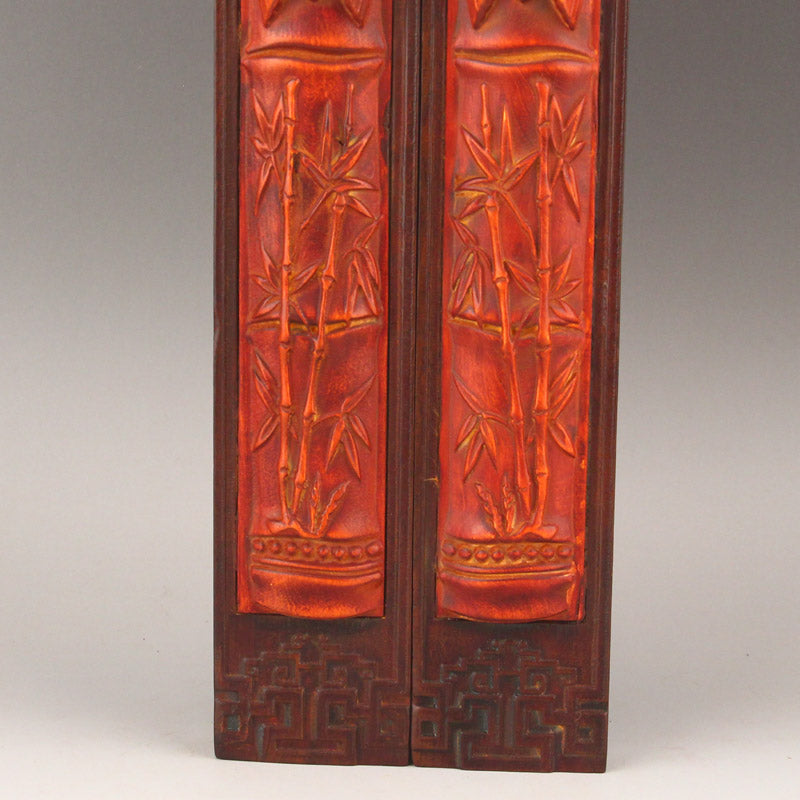 A Pair Old Chinese Wood Low Relief Bamboo & Cicada Design Paperweight