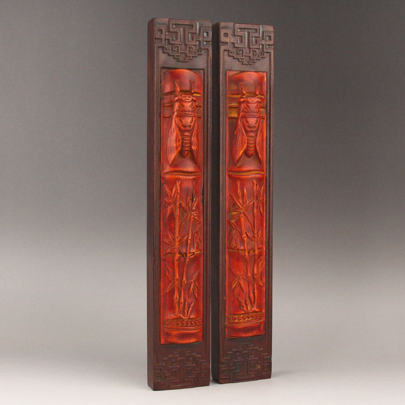 A Pair Old Chinese Wood Low Relief Bamboo & Cicada Design Paperweight