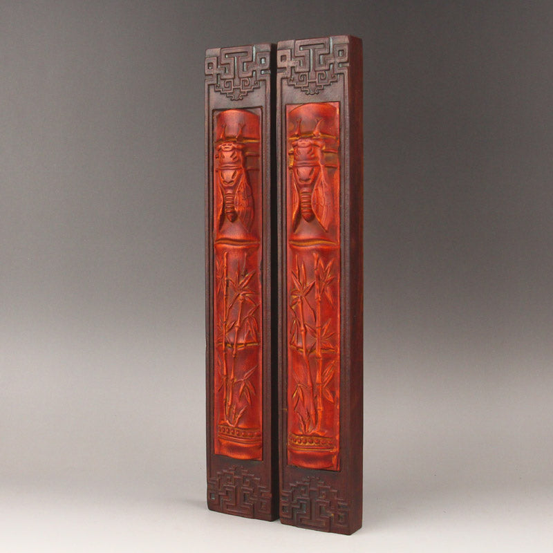 A Pair Old Chinese Wood Low Relief Bamboo & Cicada Design Paperweight