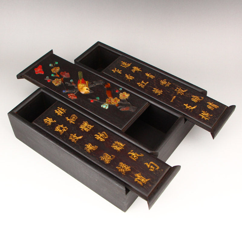 Vintage Chinese Zitan Wood Inlay Shell & Gem Poetic Prose Jewelry Box