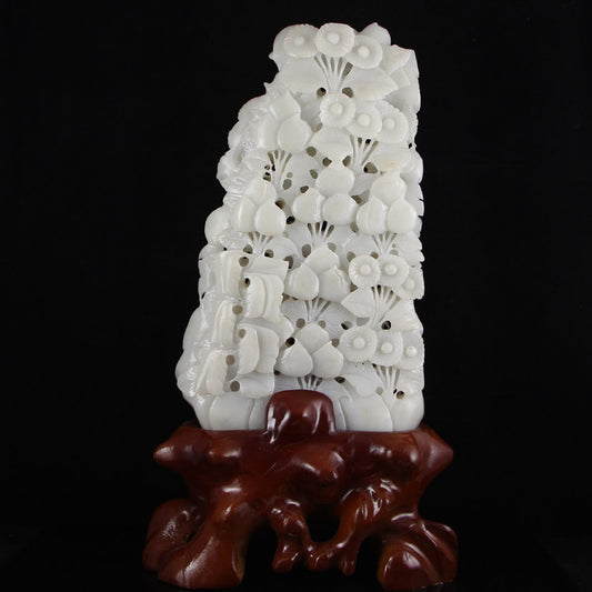 Chinese Natural Hetian Jade Grape & Peach , Flower Bird Statue