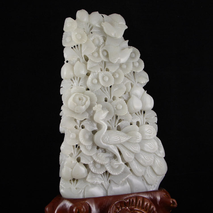 Chinese Natural Hetian Jade Grape & Peach , Flower Bird Statue