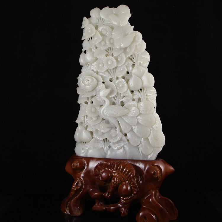 Chinese Natural Hetian Jade Grape & Peach , Flower Bird Statue