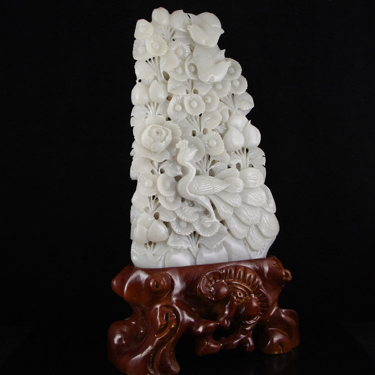 Chinese Natural Hetian Jade Grape & Peach , Flower Bird Statue