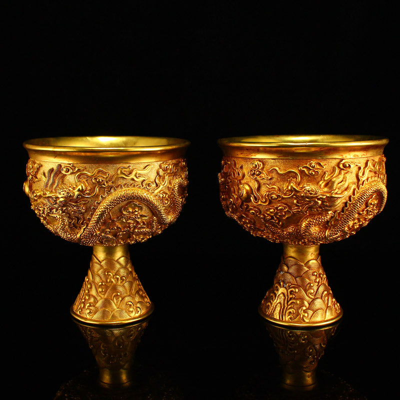 A Pair Chinese Gilt Gold Bronze Low Relief Dragon Design Cup