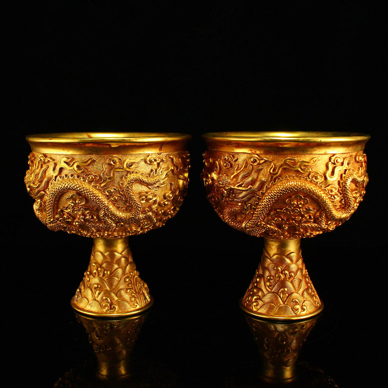 A Pair Chinese Gilt Gold Bronze Low Relief Dragon Design Cup