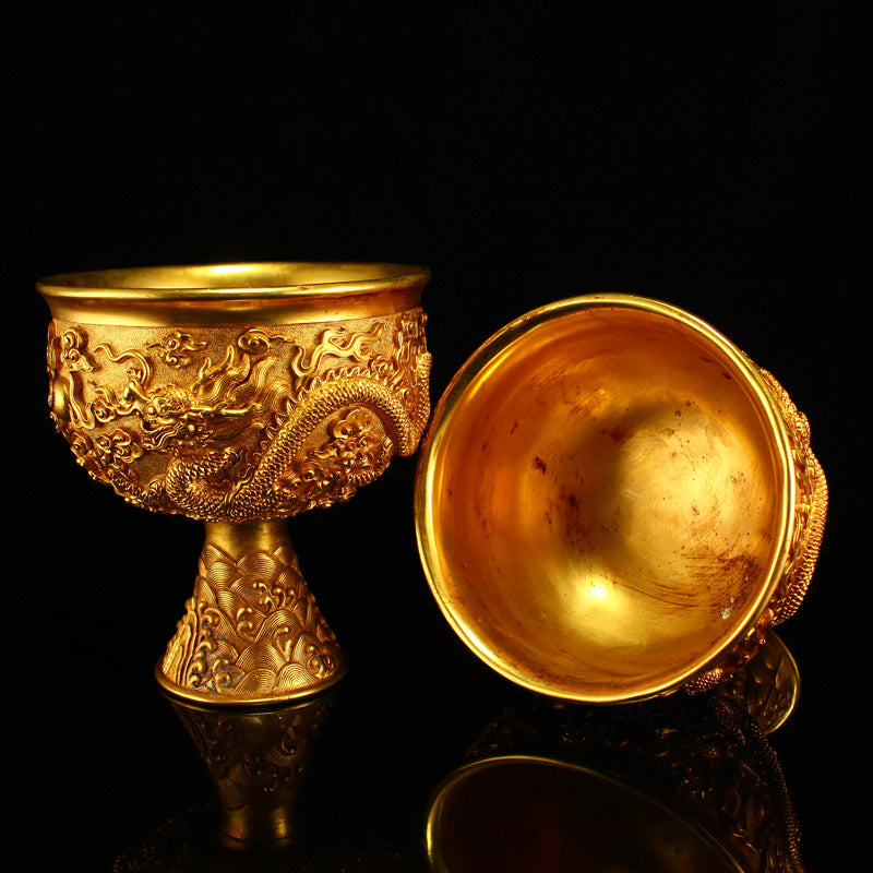 A Pair Chinese Gilt Gold Bronze Low Relief Dragon Design Cup