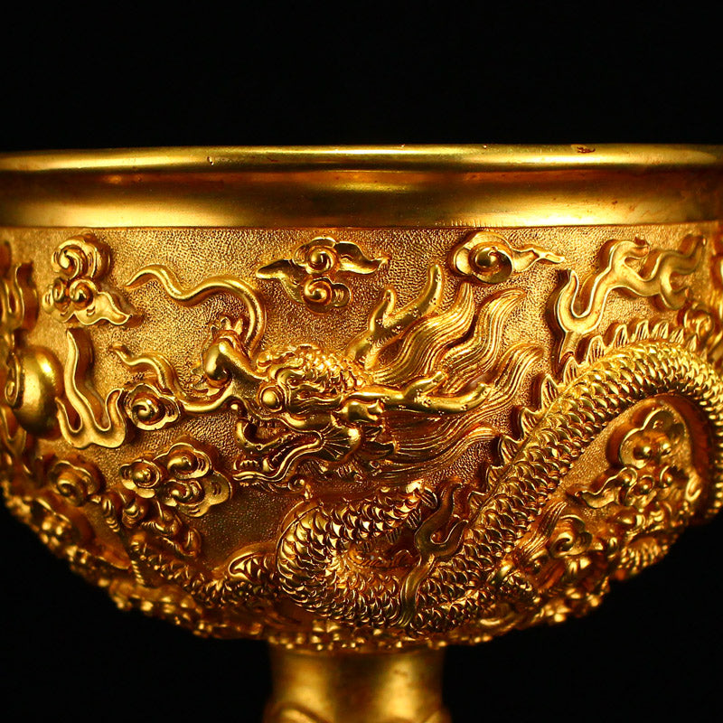 A Pair Chinese Gilt Gold Bronze Low Relief Dragon Design Cup