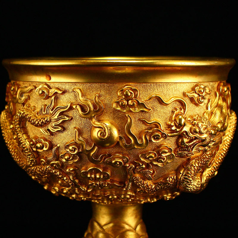 A Pair Chinese Gilt Gold Bronze Low Relief Dragon Design Cup