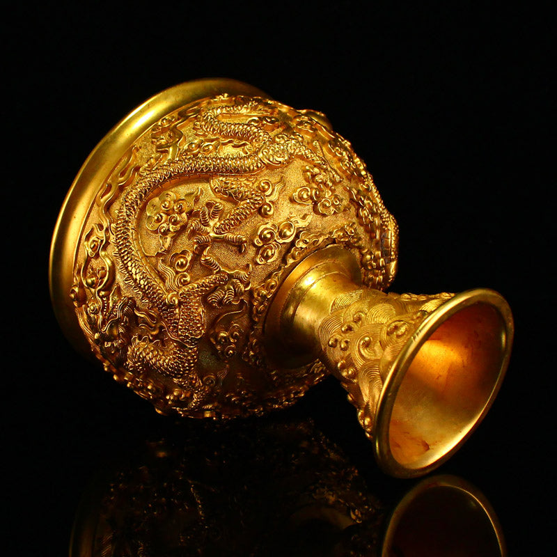 A Pair Chinese Gilt Gold Bronze Low Relief Dragon Design Cup