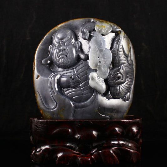 Chinese Natural Hetian Jade Carved Arhat & Beast Statue