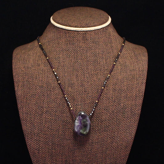 Natural Purple Labradorite Pendant w Black Obsidian Bead Necklace