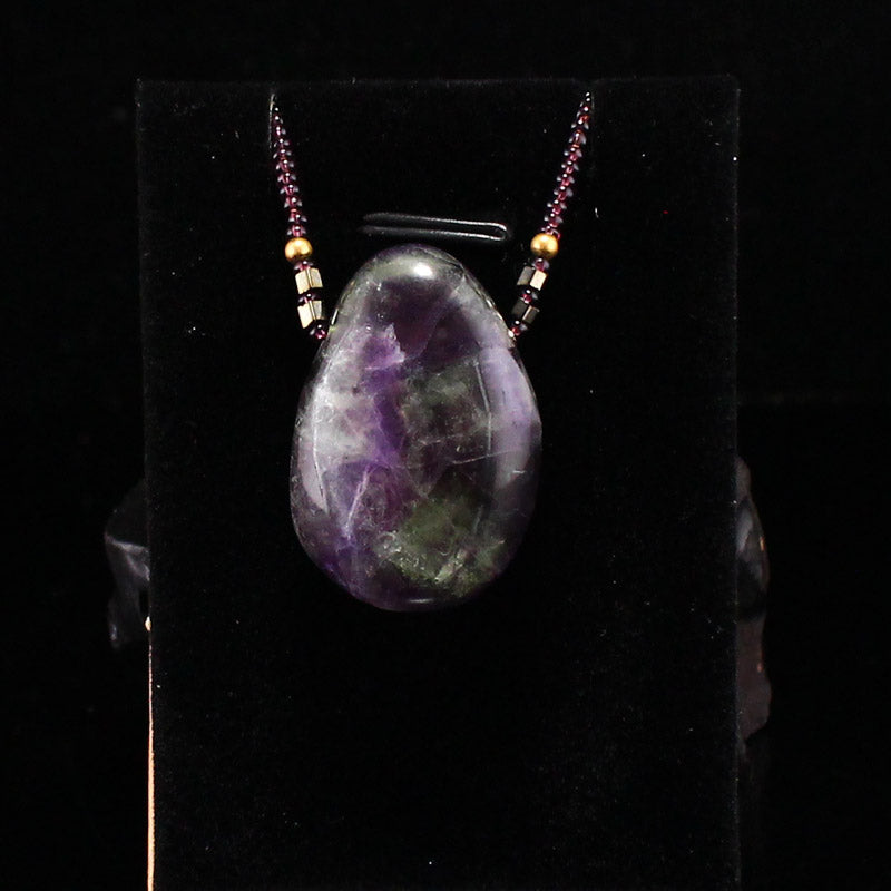 Natural Purple Labradorite Pendant w Black Obsidian Bead Necklace