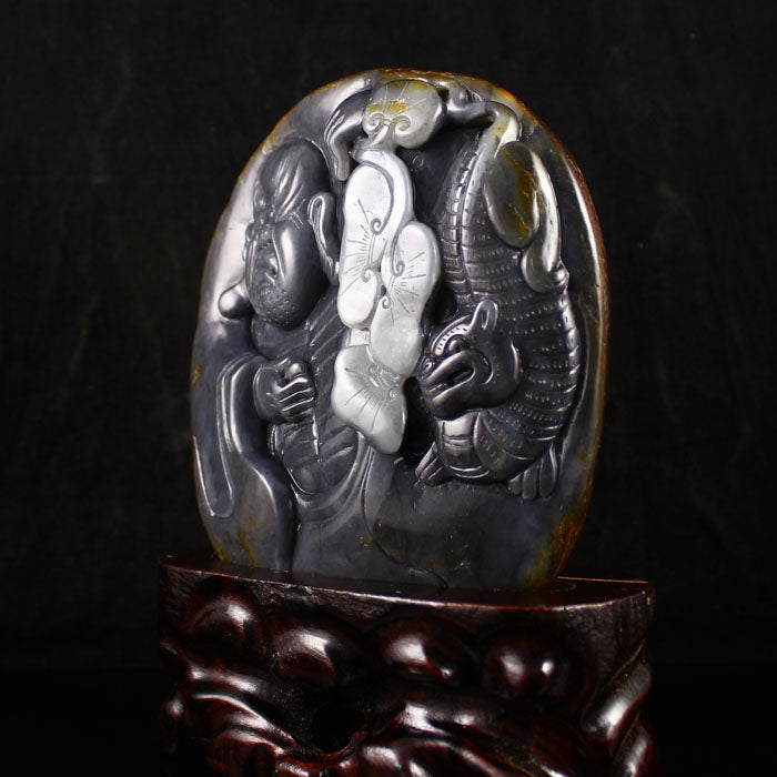 Chinese Natural Hetian Jade Carved Arhat & Beast Statue