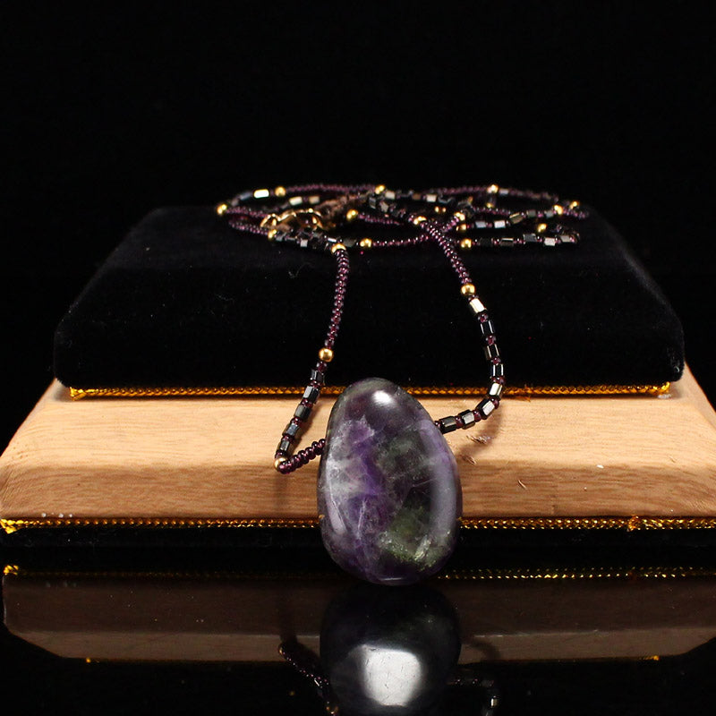 Natural Purple Labradorite Pendant w Black Obsidian Bead Necklace