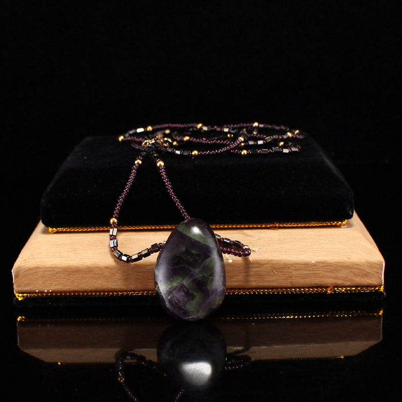 Natural Purple Labradorite Pendant w Black Obsidian Bead Necklace