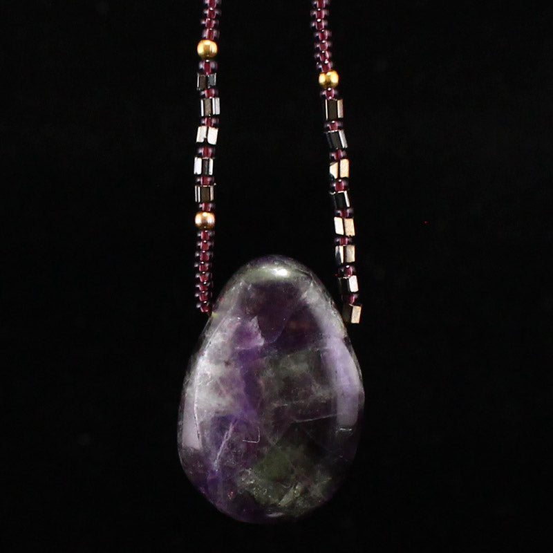 Natural Purple Labradorite Pendant w Black Obsidian Bead Necklace