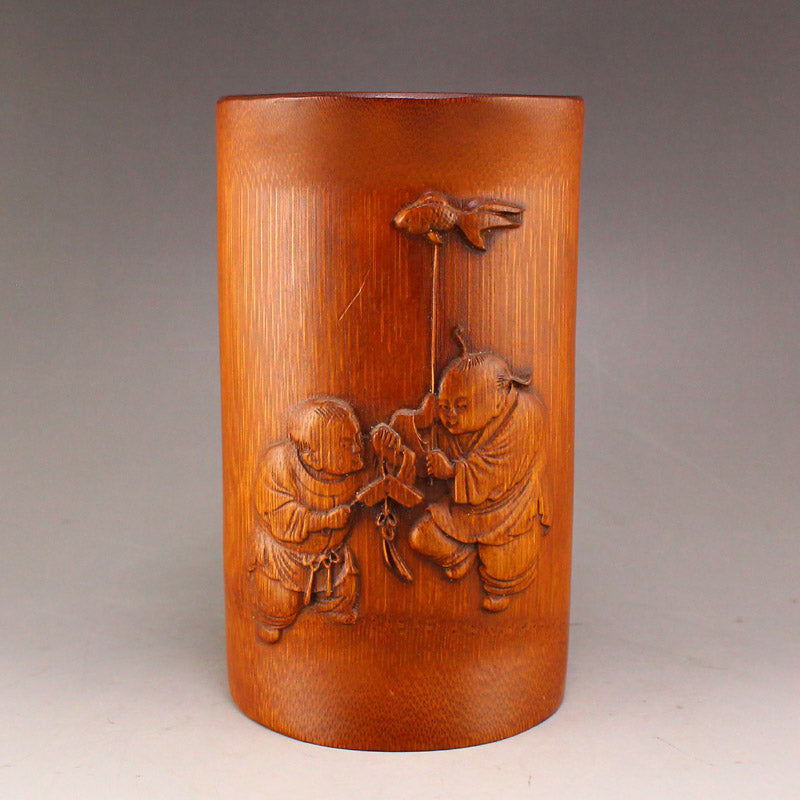 Chinese Bamboo Low Relief Fortune Kid Design Brush Pot