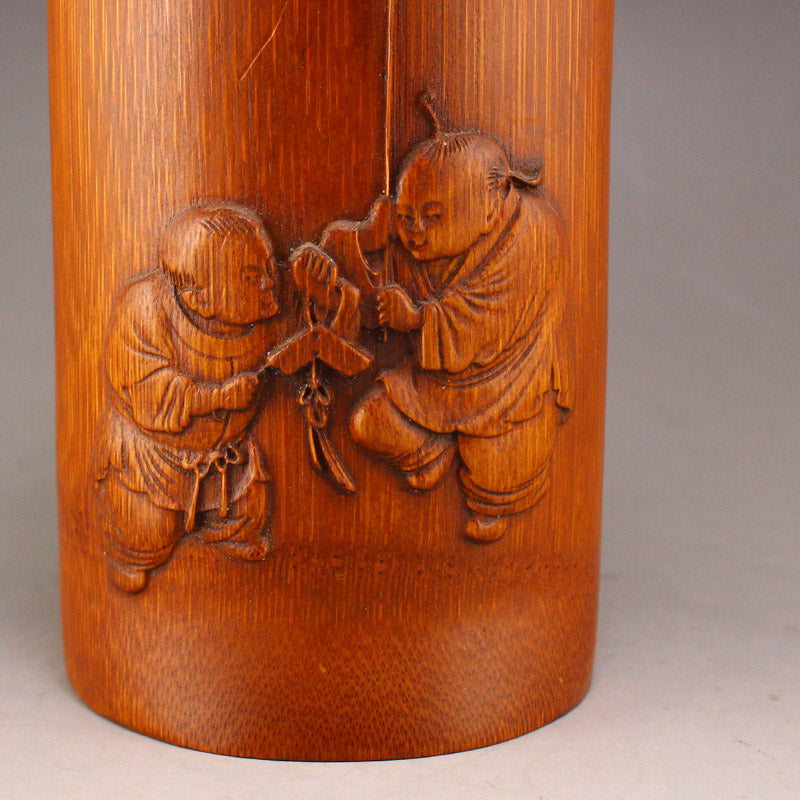 Chinese Bamboo Low Relief Fortune Kid Design Brush Pot