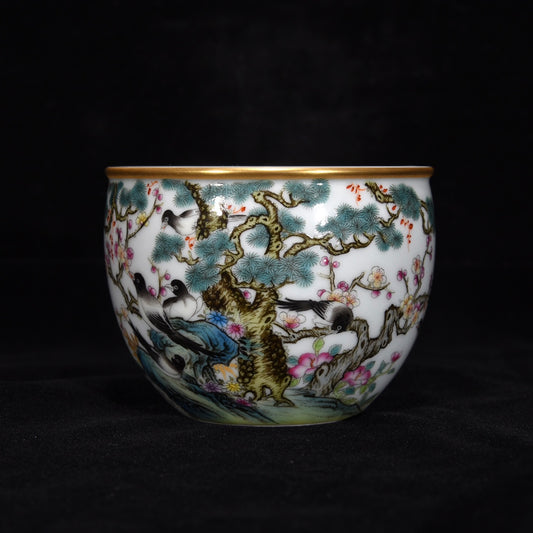 Chinese Gilt Edge Famille Rose Flower Bird Porcelain Cup