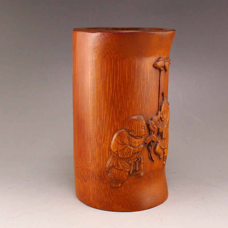 Chinese Bamboo Low Relief Fortune Kid Design Brush Pot