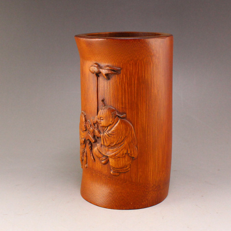 Chinese Bamboo Low Relief Fortune Kid Design Brush Pot