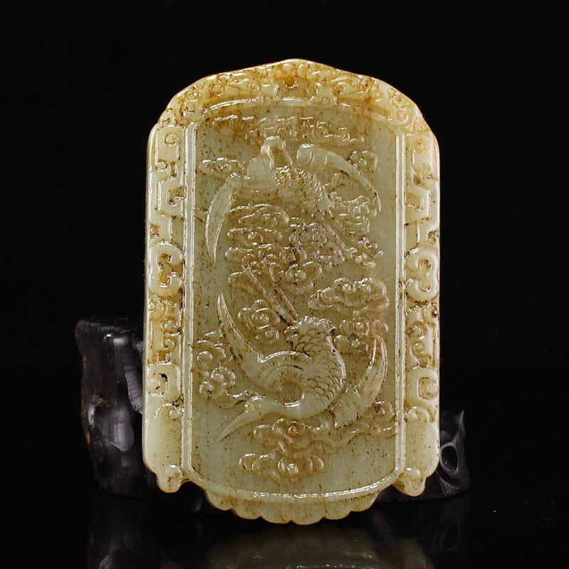 Old Chinese Hetian Jade Crane & Cloud Pendant