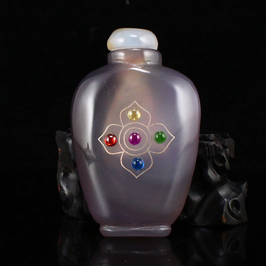 Chinese Agate Inlay Silver Wire & Gem Snuff Bottle