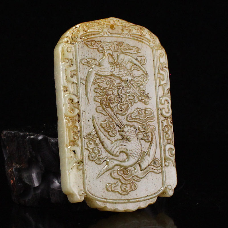 Old Chinese Hetian Jade Crane & Cloud Pendant