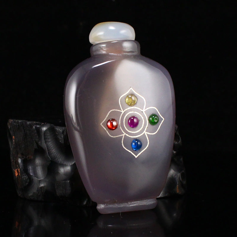 Chinese Agate Inlay Silver Wire & Gem Snuff Bottle