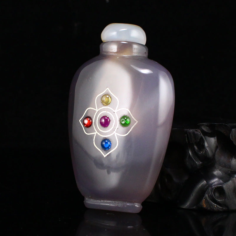 Chinese Agate Inlay Silver Wire & Gem Snuff Bottle