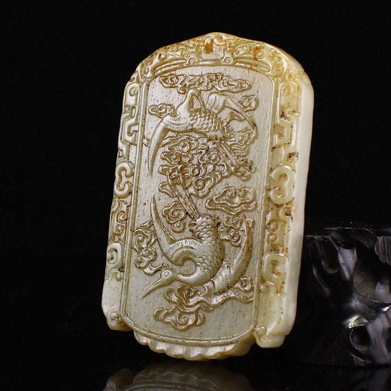 Old Chinese Hetian Jade Crane & Cloud Pendant