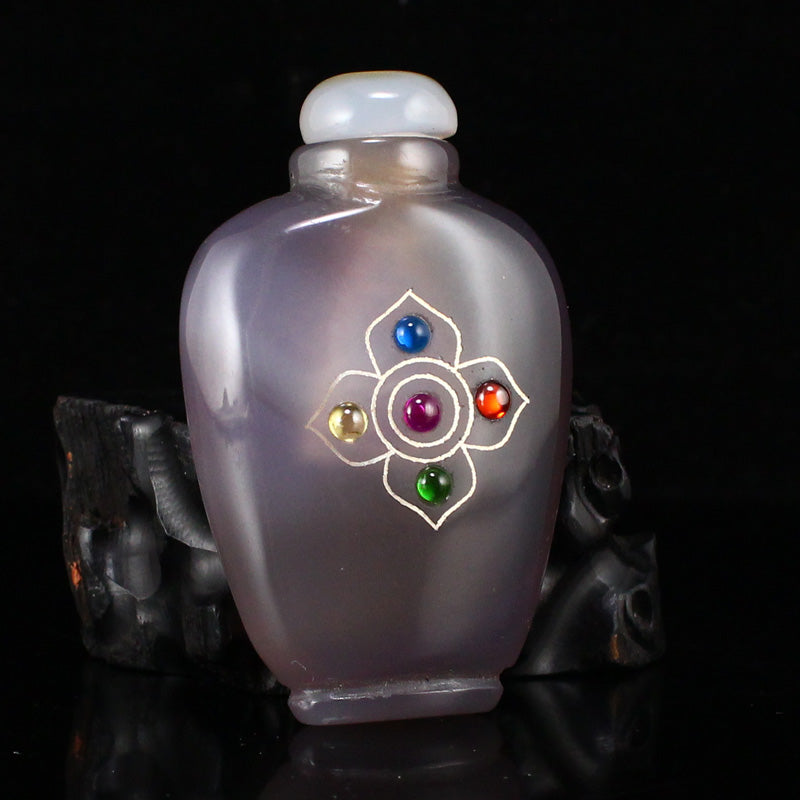 Chinese Agate Inlay Silver Wire & Gem Snuff Bottle