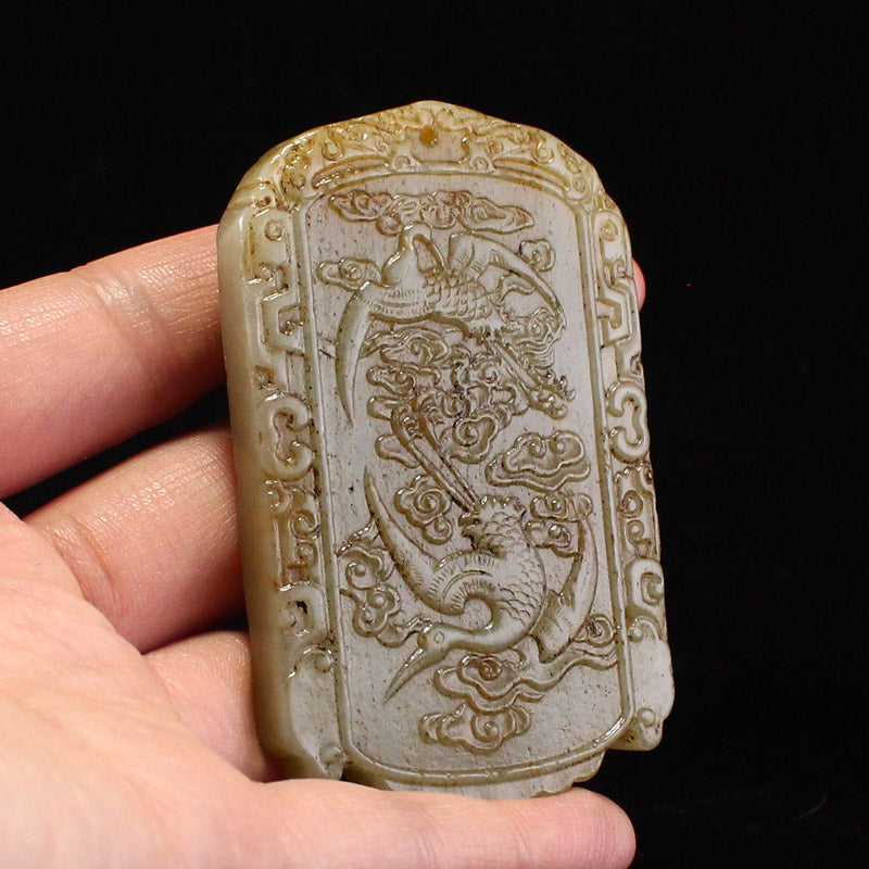 Old Chinese Hetian Jade Crane & Cloud Pendant