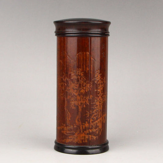 Vintage Chinese Zitan Wood Inaly Bamboo Mountain River Tea Tube