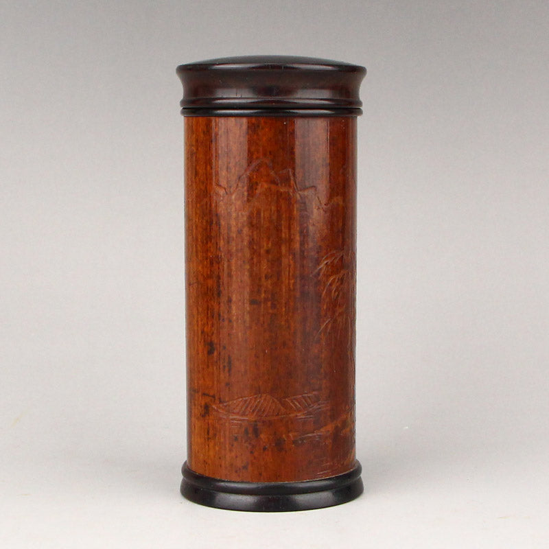 Vintage Chinese Zitan Wood Inaly Bamboo Mountain River Tea Tube