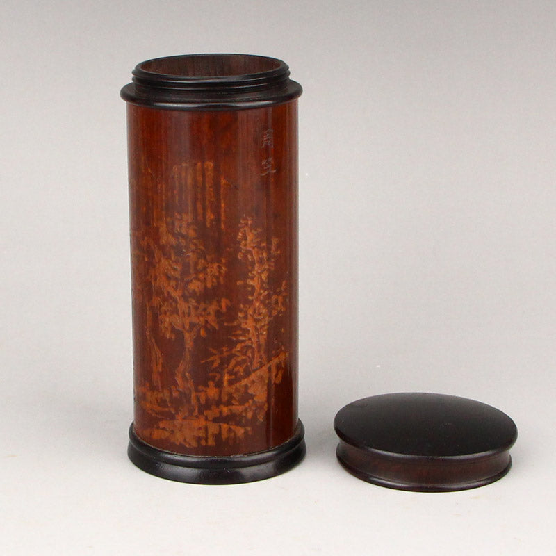 Vintage Chinese Zitan Wood Inaly Bamboo Mountain River Tea Tube